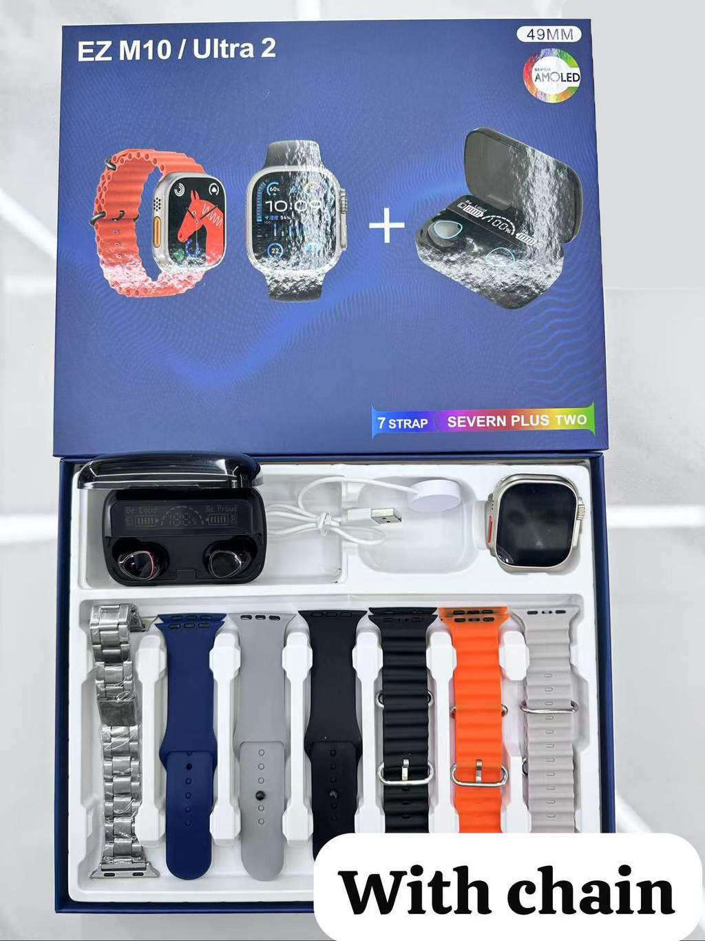 M10 Pro Ultra 2 watch(watch + earbuds + 7 straps + steel chain strap).