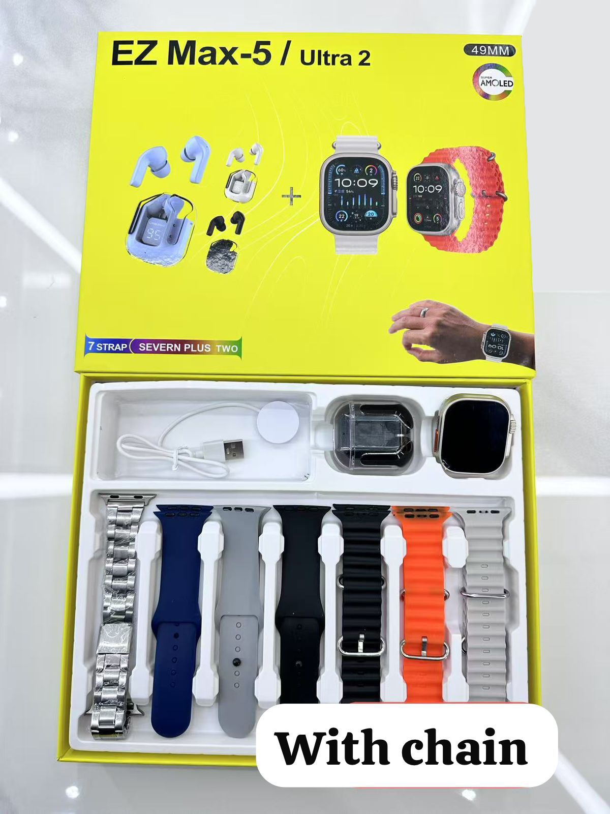 M10 Pro Ultra 2 watch(watch + earbuds + 7 straps + steel chain strap).