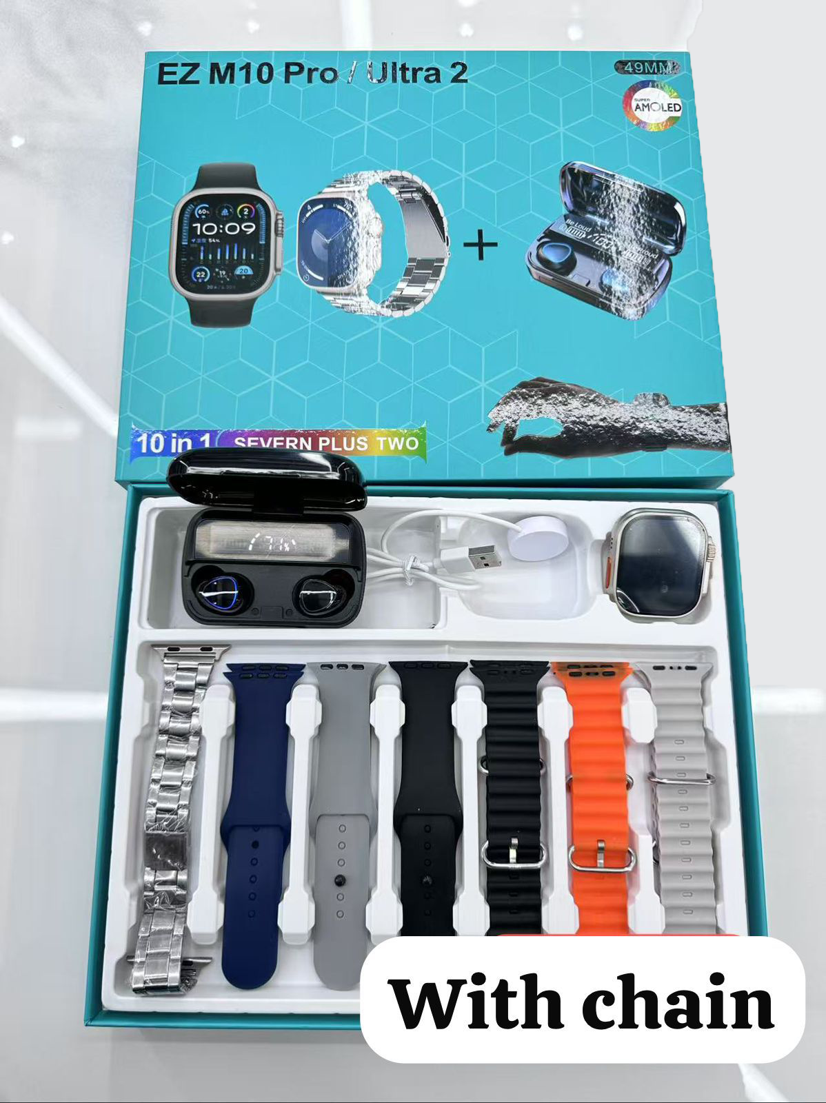 M10 Pro Ultra 2 watch(watch + earbuds + 7 straps + steel chain strap).